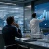 Pharmaceutical analysts reviewing abstract global industry ranking charts in a lab meeting room.
