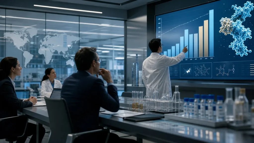Pharmaceutical analysts reviewing abstract global industry ranking charts in a lab meeting room.