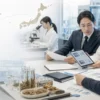 Japanese pharmaceutical professionals reviewing regulatory and industry update materials with abstract US-Japan context.