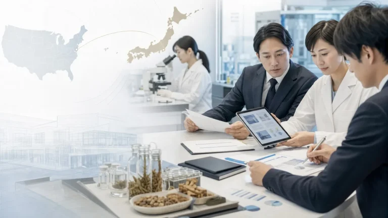 Japanese pharmaceutical professionals reviewing regulatory and industry update materials with abstract US-Japan context.
