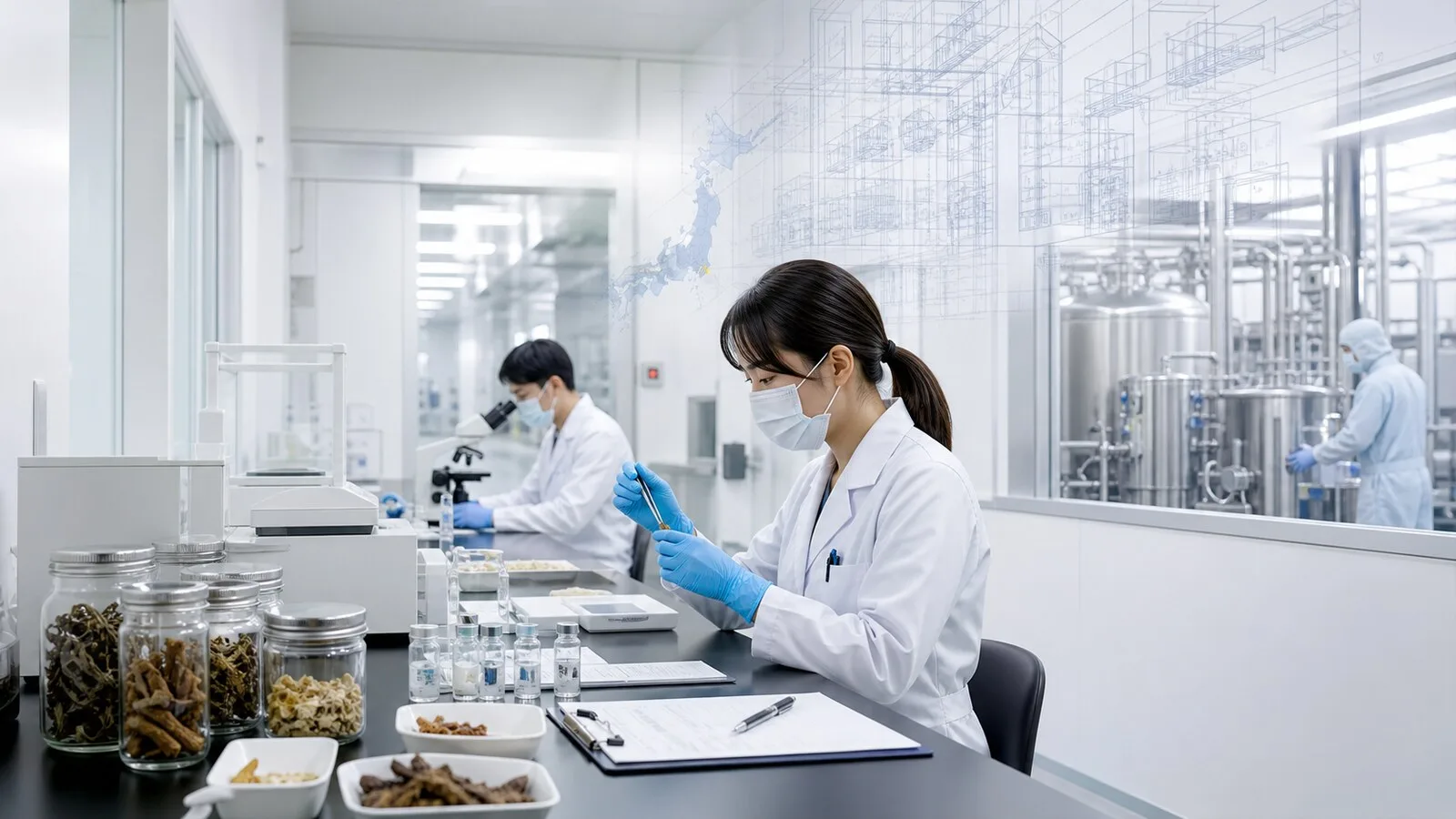 Japanese quality-control laboratory inspecting botanical raw materials and sample vials.