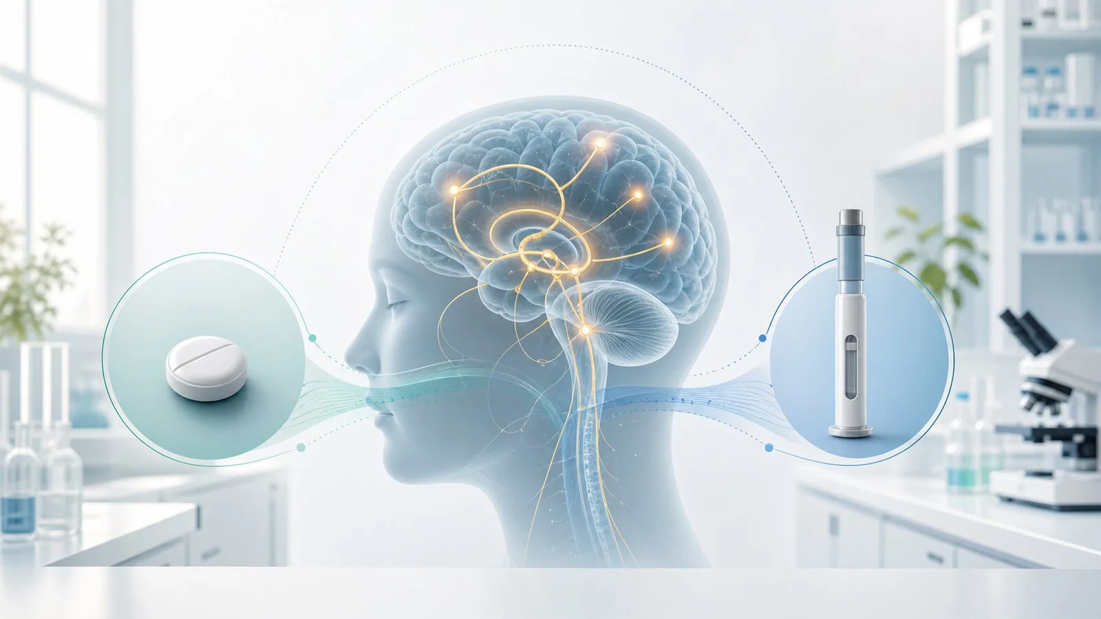 Abstract brain pathway illustration comparing oral tablet and injectable delivery formats.