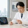 Japanese clinician reviewing unbranded migraine therapy materials with an abstract brain visualization.