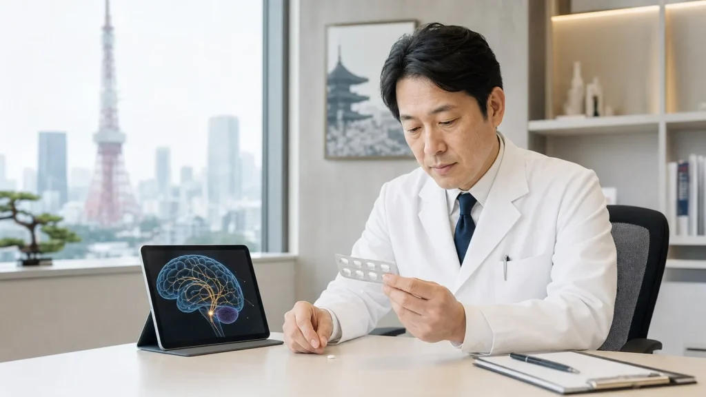 Japanese clinician reviewing unbranded migraine therapy materials with an abstract brain visualization.