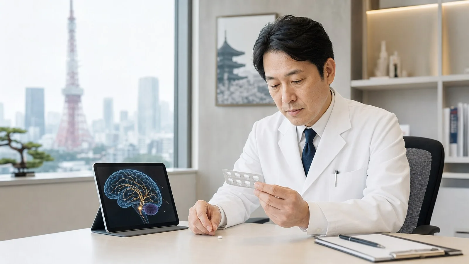 Japanese clinician reviewing unbranded migraine therapy materials with an abstract brain visualization.