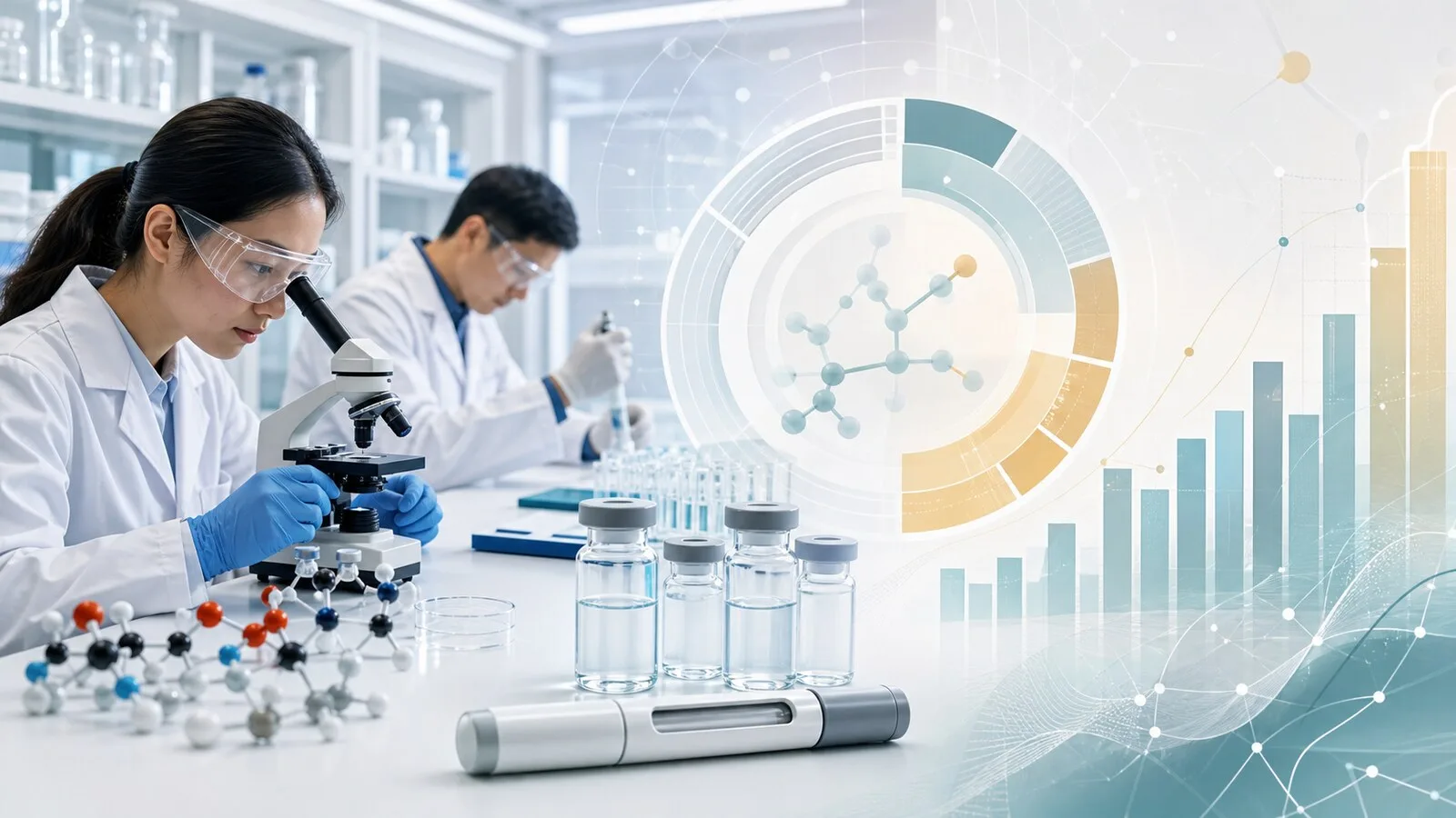 Researchers in a pharmaceutical lab with abstract R&D and market growth visualizations.