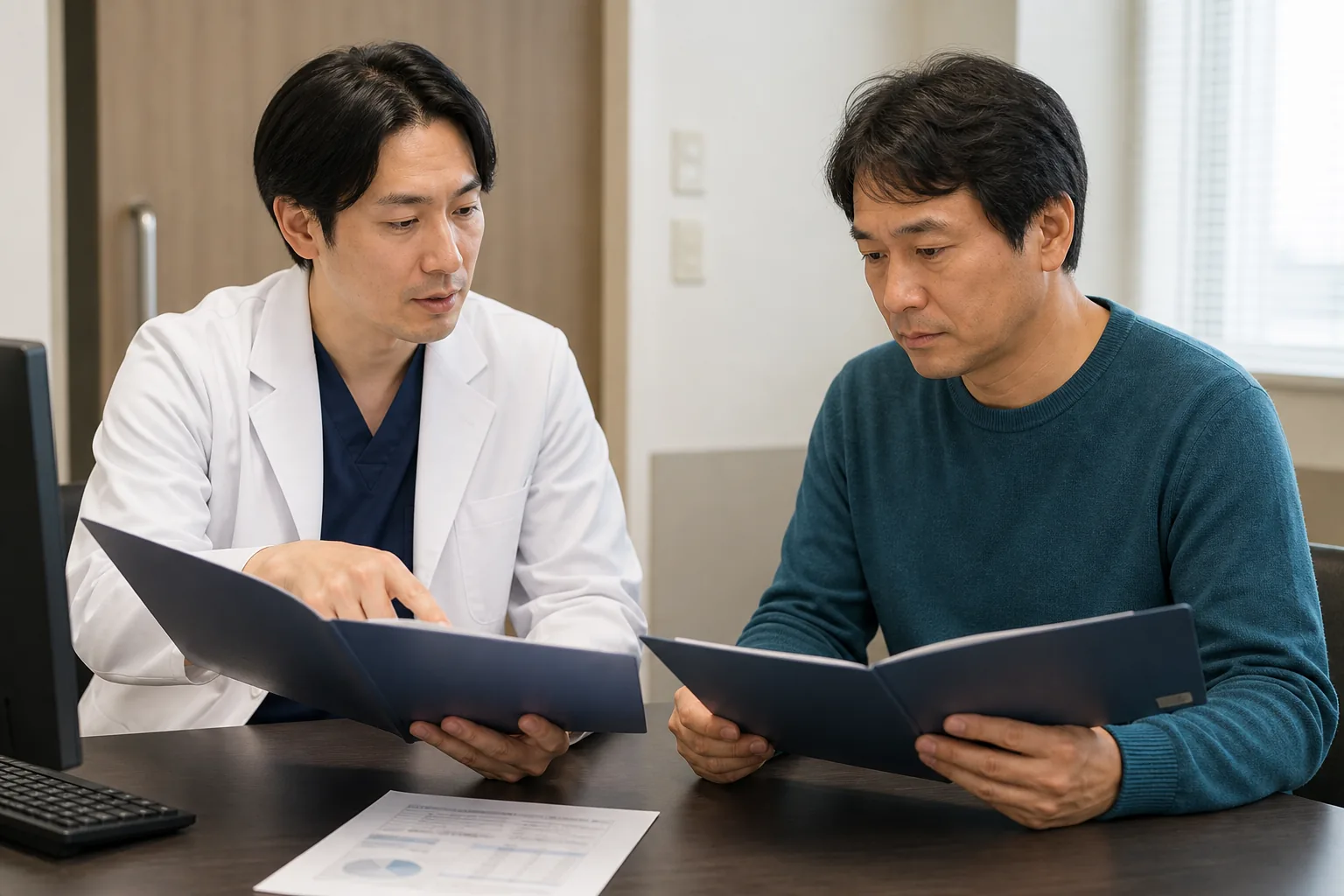 Japanese physician and patient reviewing consent and insurance documents in a hospital consultation room.
