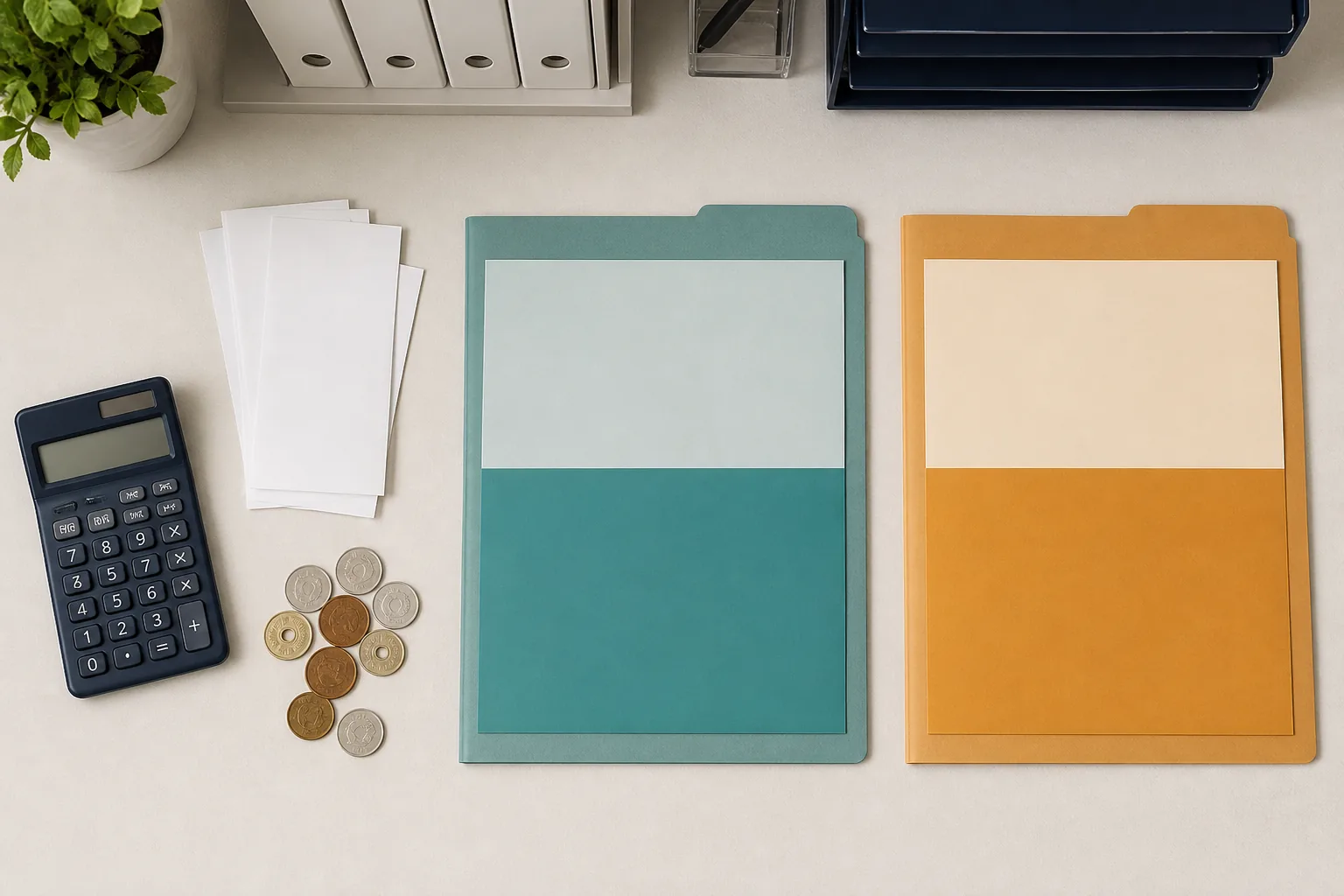 Hospital billing desk with two color-coded folders, blank receipts, a calculator and Japanese yen coins.