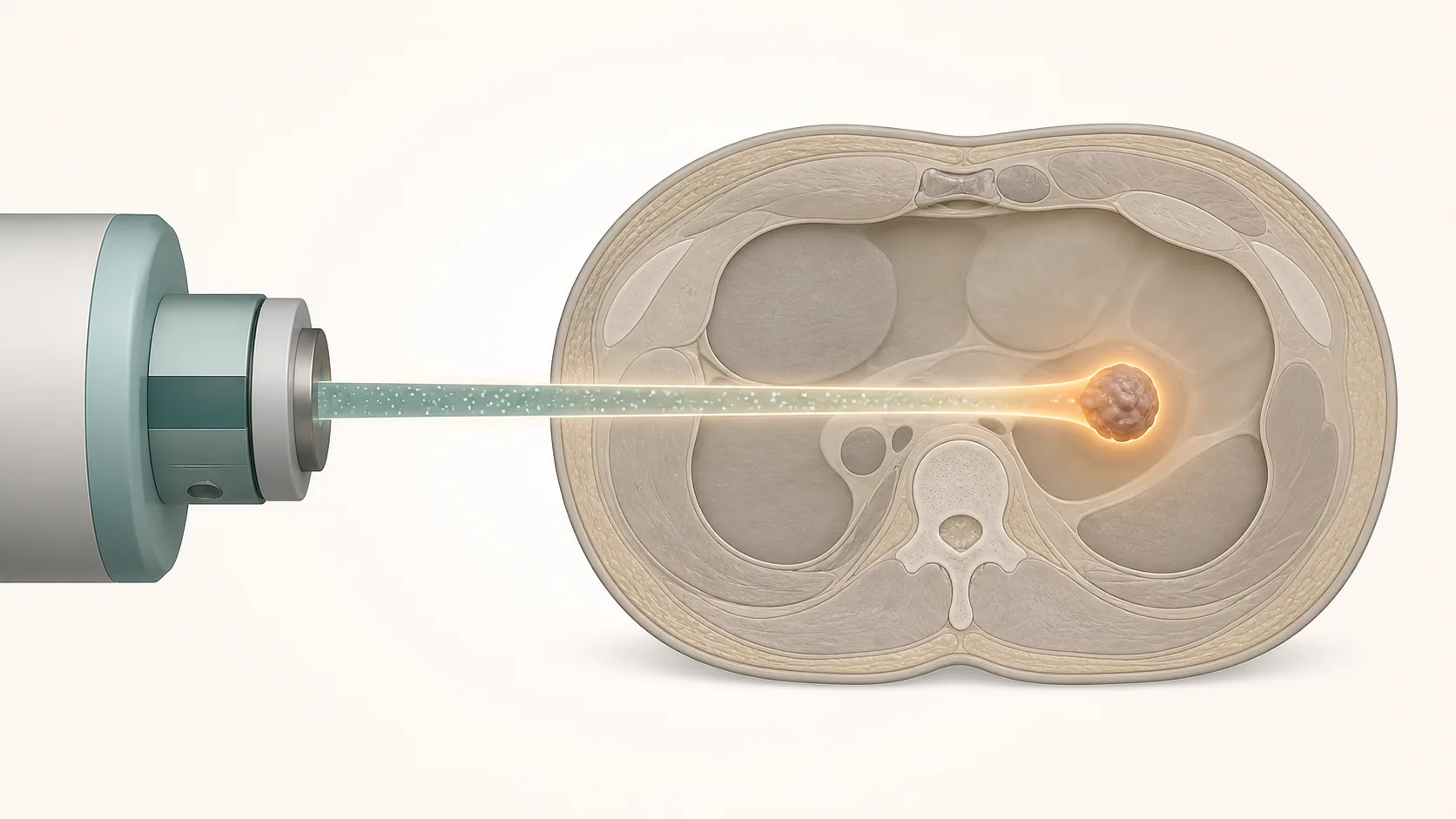 Medical illustration of an external carbon ion beam concentrating at a deep target in a simplified body cross-section.