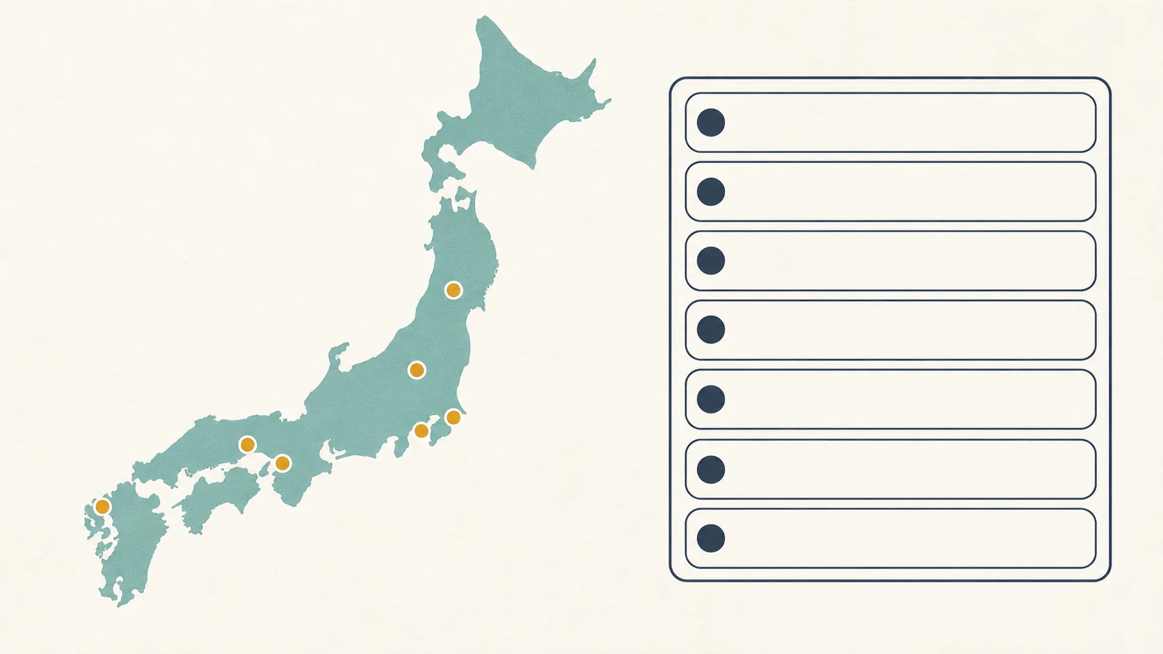 Simplified map of Japan with seven location markers beside a seven-row medical institution register.