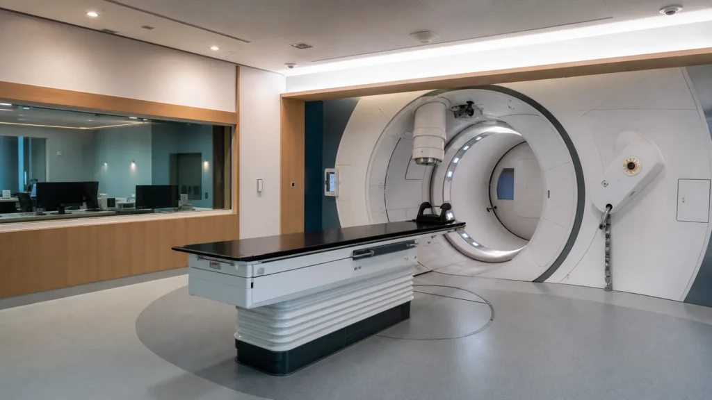 Empty carbon ion radiotherapy treatment room with a circular gantry and aligned patient table.