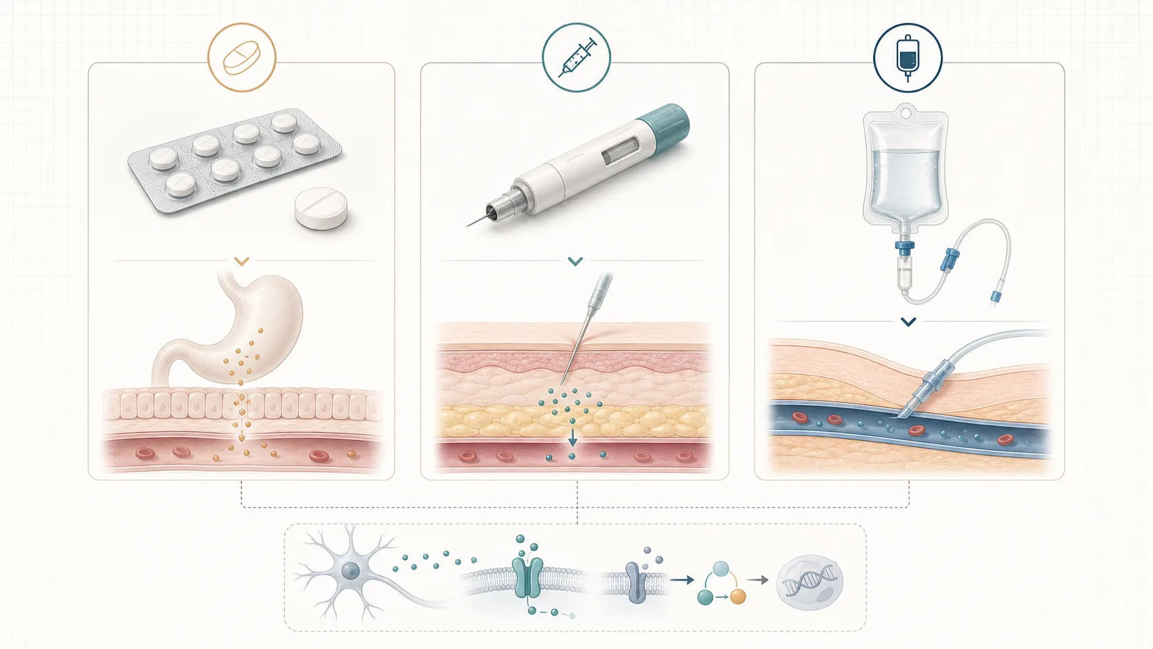 Editorial diagram showing oral tablet, injection and intravenous infusion formats in the CGRP treatment landscape.