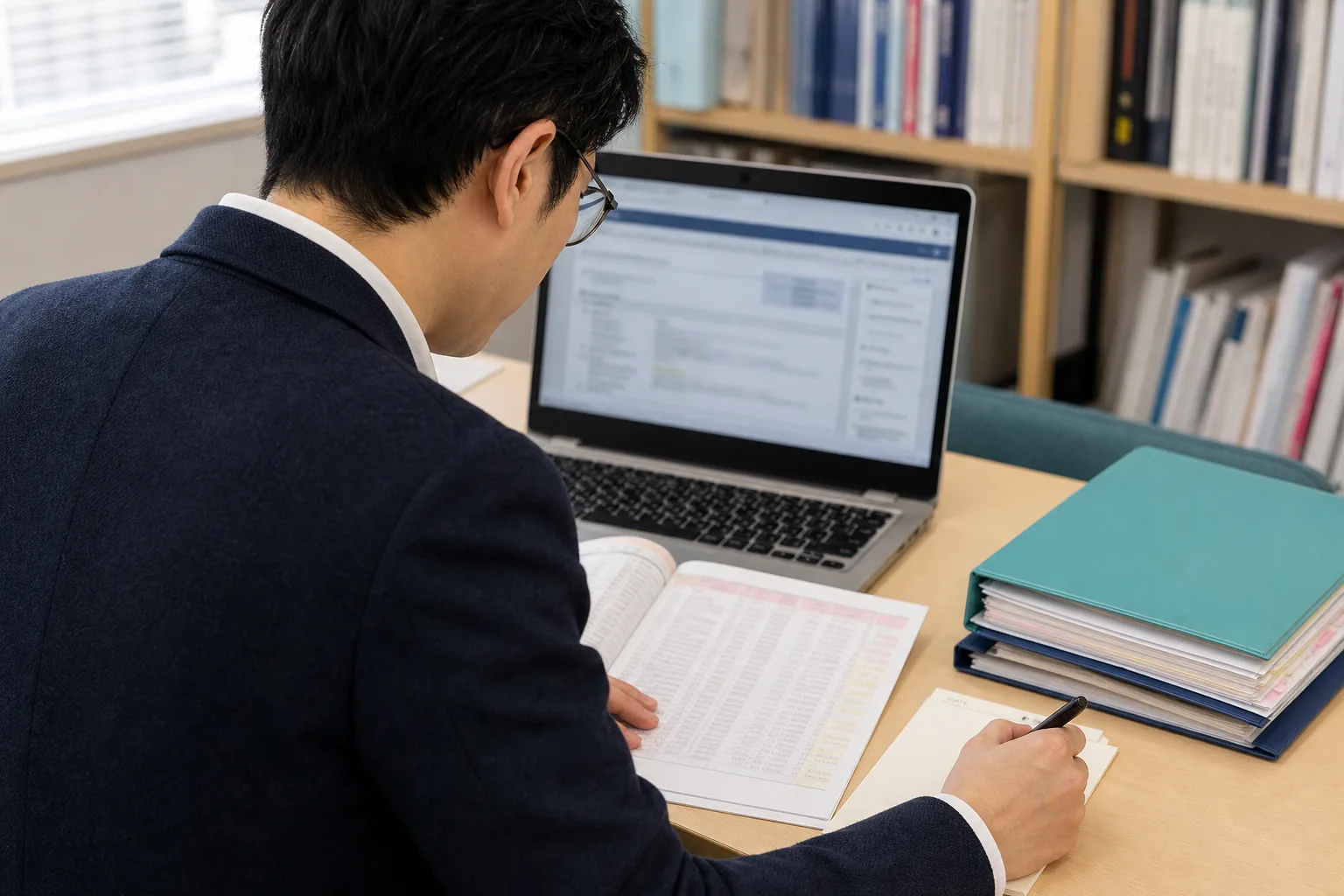 Medical policy researcher comparing an online government source with a printed register and dated notes.