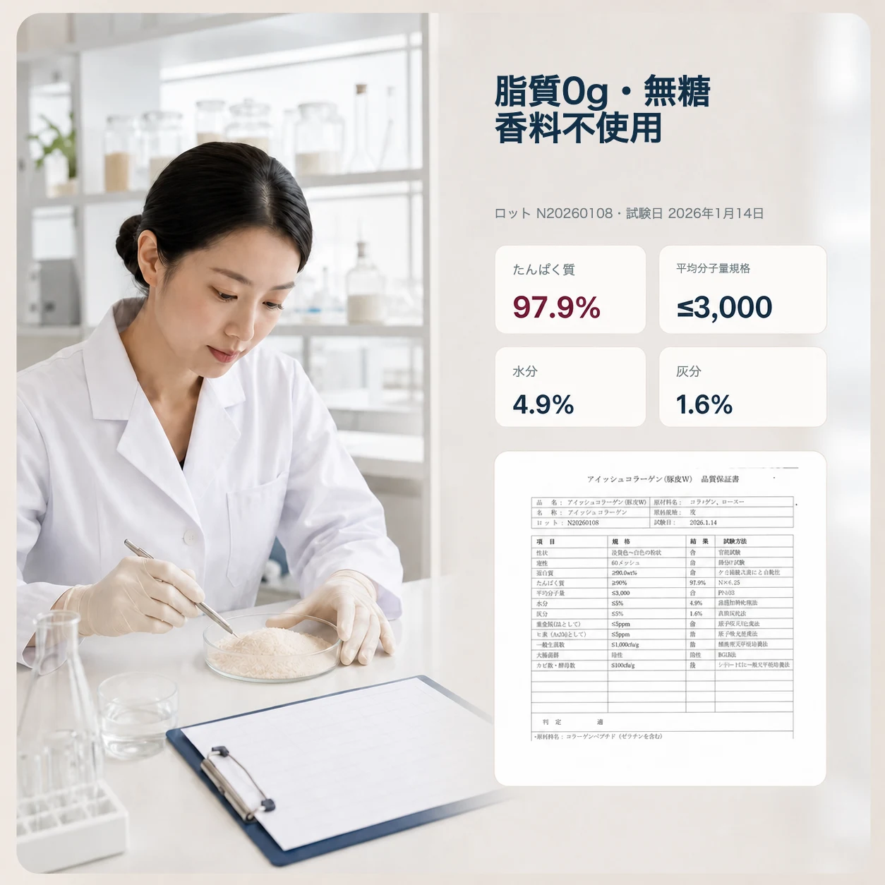 脂質0g・無糖・香料不使用と品質検査情報