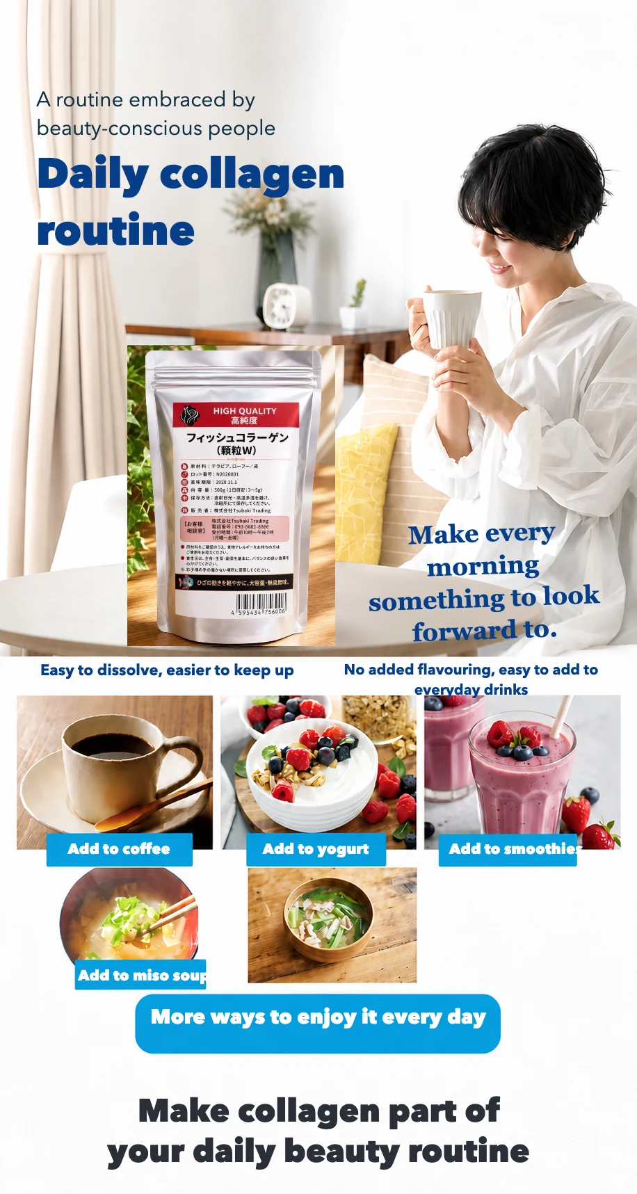 Daily collagen routine with coffee, yogurt, smoothies or miso soup