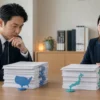 Japanese regulatory specialists comparing separate United States and Japan drug approval files at a policy desk.