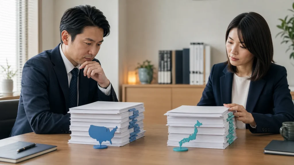 Japanese regulatory specialists comparing separate United States and Japan drug approval files at a policy desk.