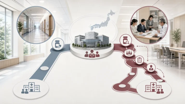 Editorial illustration of two review pathways within Japan’s advanced medical care system.