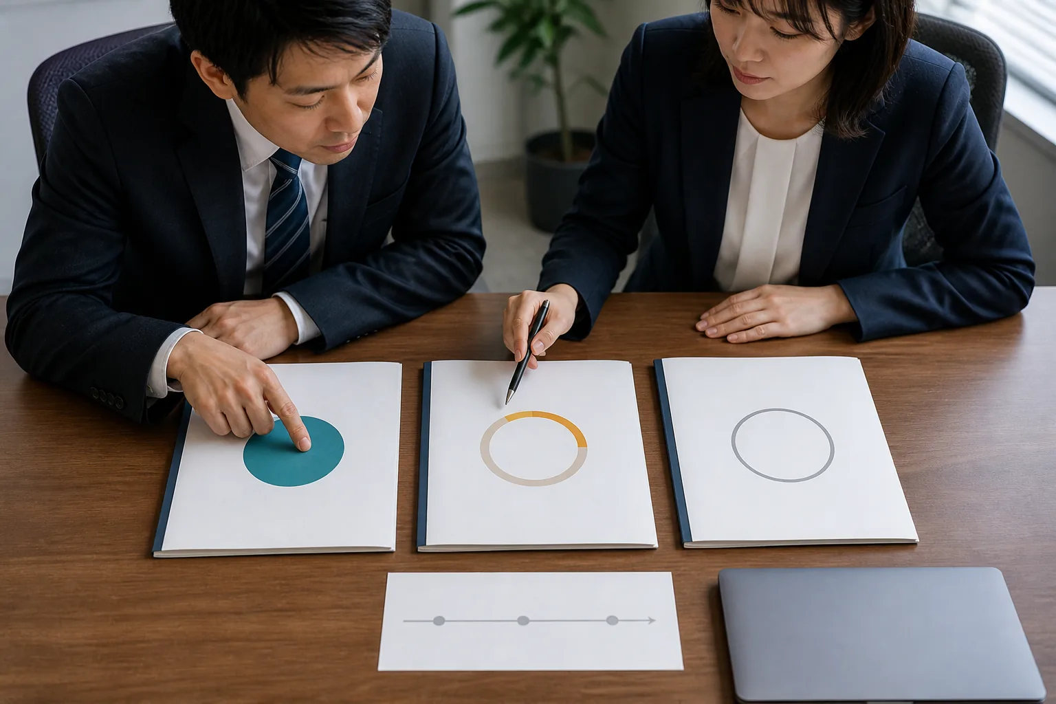 Procurement specialists reviewing three generic status folders for approved, under-review and not-yet-filed medicines in Japan.