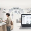 Illustration comparing an in-store pharmacy counter and an online checkout flow in Japan, linked by regulatory oversight checkpoints