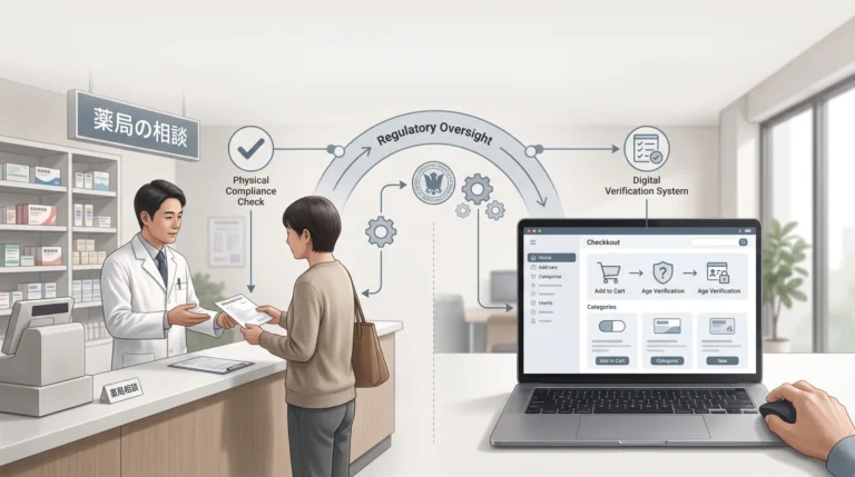 Illustration comparing an in-store pharmacy counter and an online checkout flow in Japan, linked by regulatory oversight checkpoints
