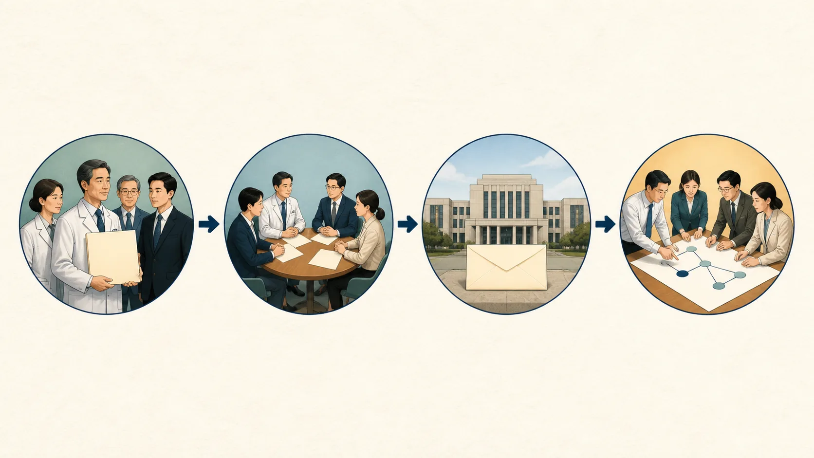Four-stage illustration of a professional society request, expert review, development request and company development.