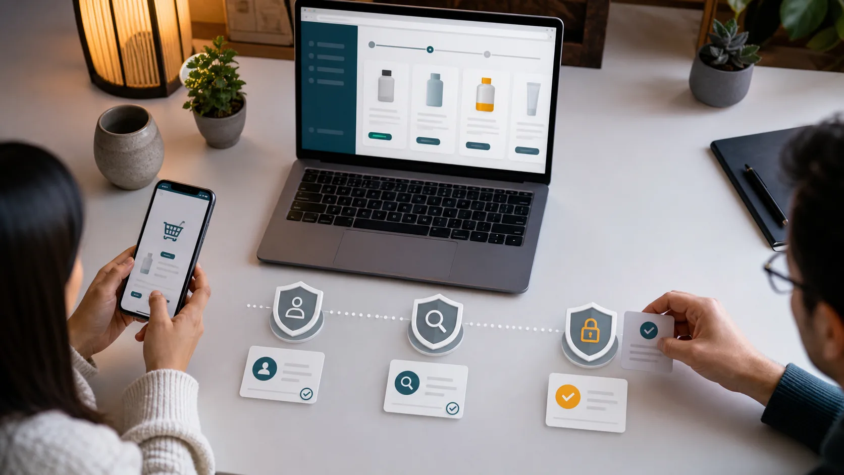 Split-device workflow showing an anonymous online medicine-order workflow and compliance checkpoints.