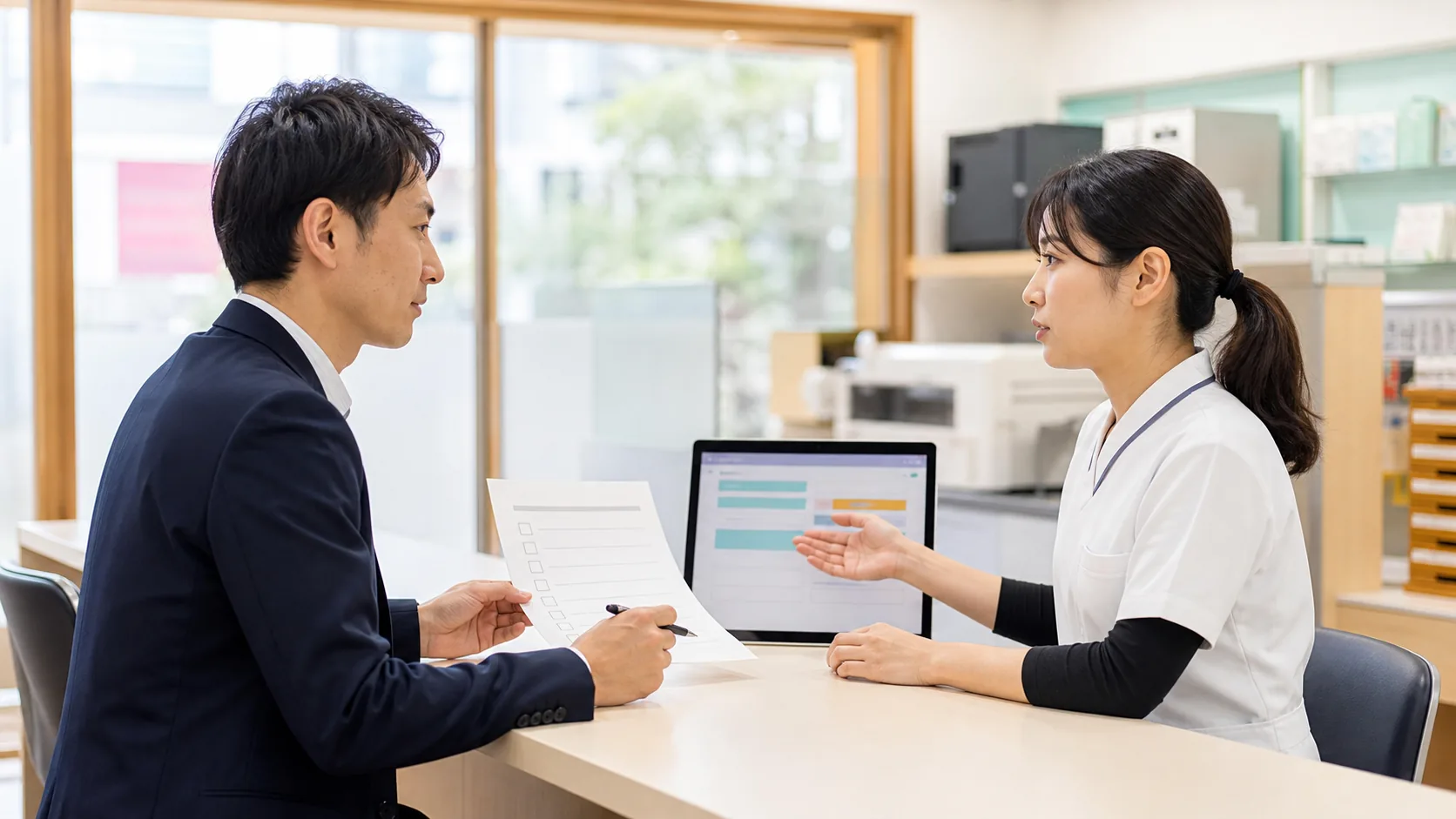 Analyst reviewing a mystery-shopper visit in a Japanese pharmacy counter, with a notebook checklist beside a medicine-sales workspace.