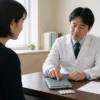 Neurologist and adult patient discussing migraine treatment beside an unbranded tablet blister and symptom diary.