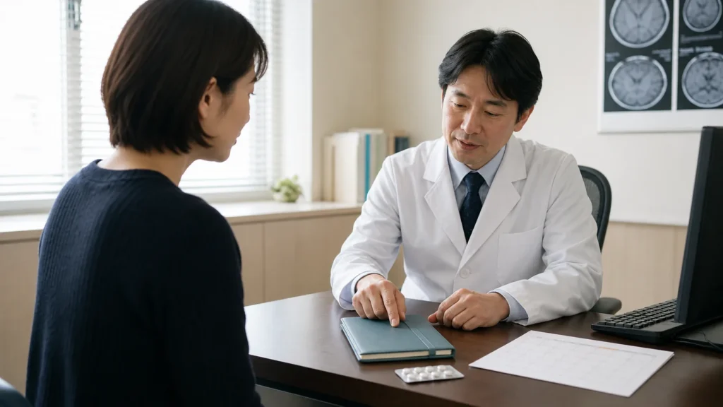 Neurologist and adult patient discussing migraine treatment beside an unbranded tablet blister and symptom diary.