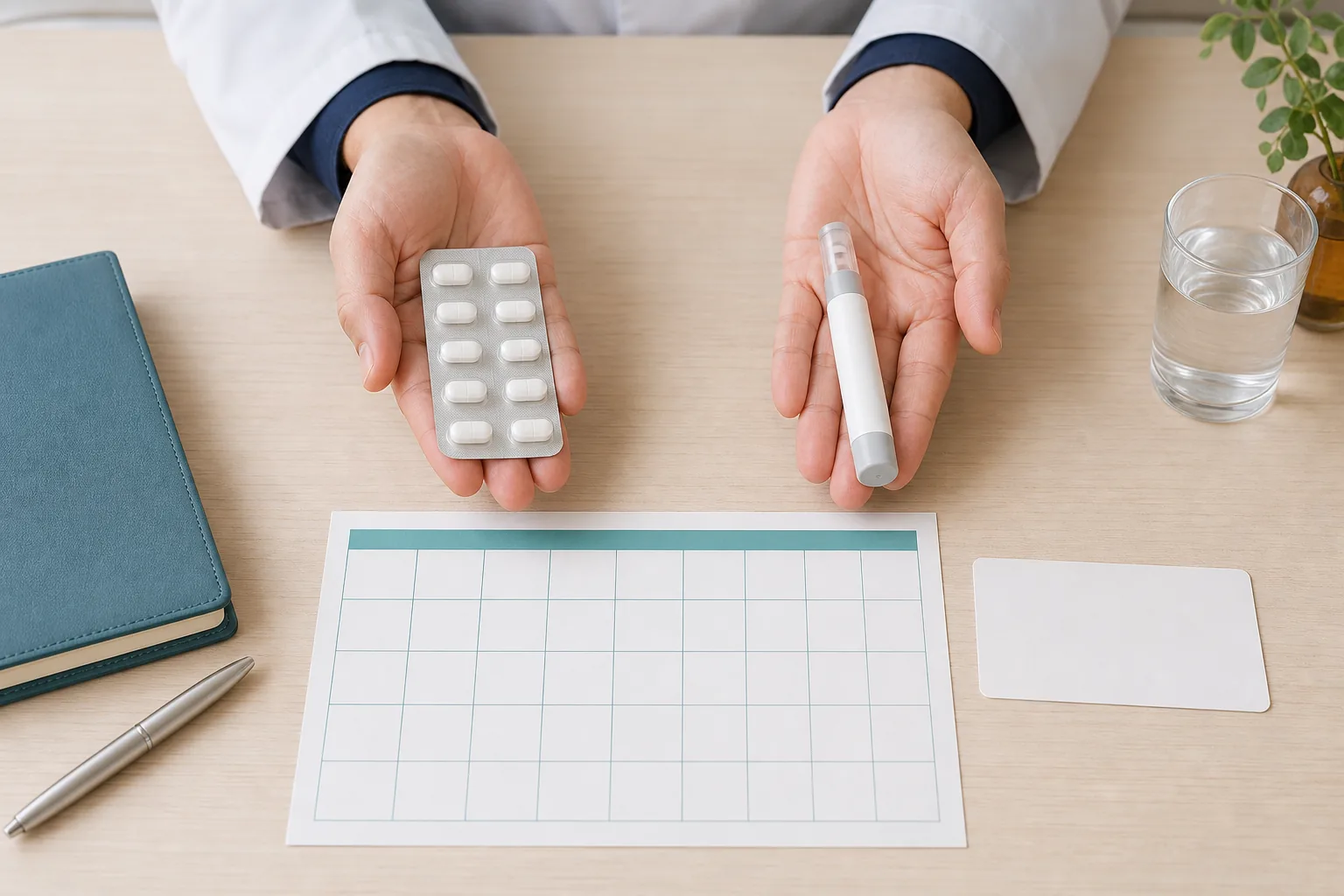 Physician comparing generic oral and injectable migraine treatment formats beside a schedule.