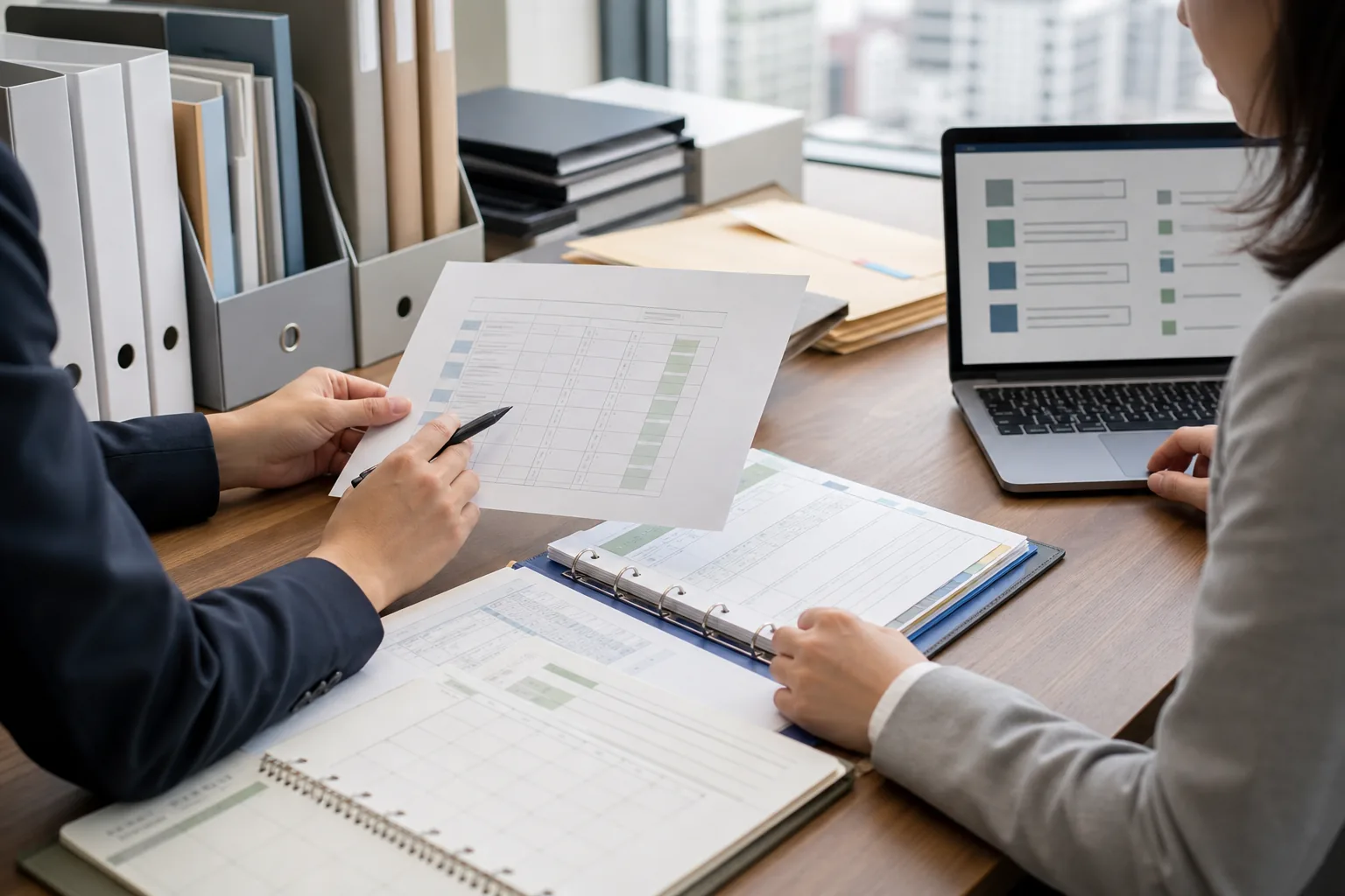 Procurement colleagues reconciling medicine revision notices with compliance records.