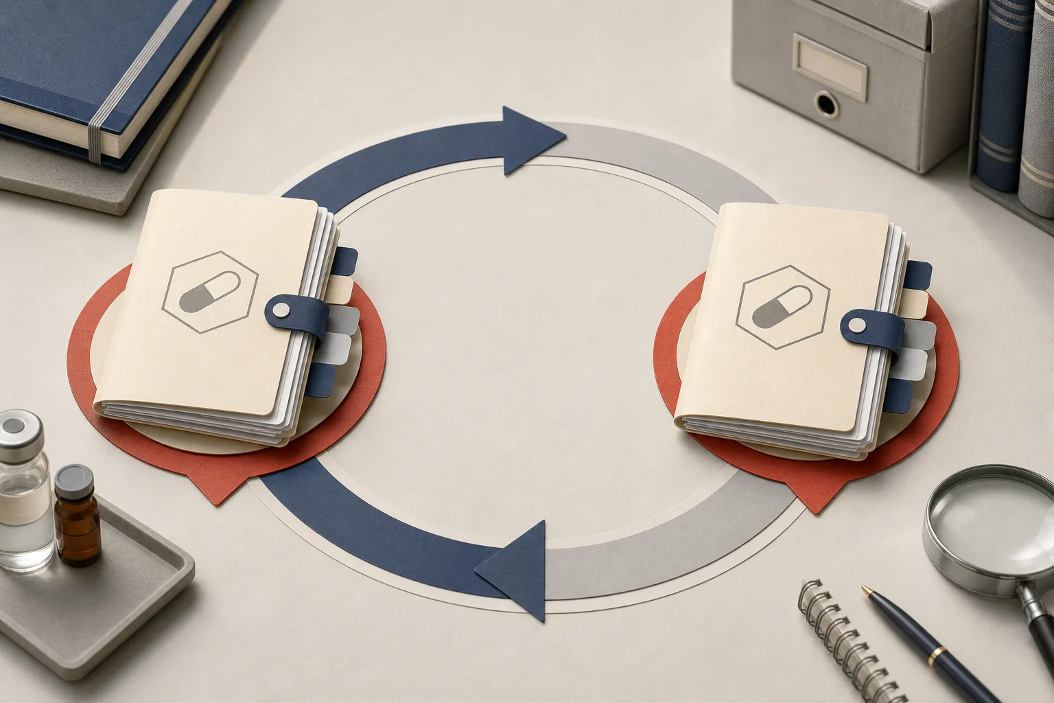A medicine safety dossier passing through two revision checkpoints in one review cycle.