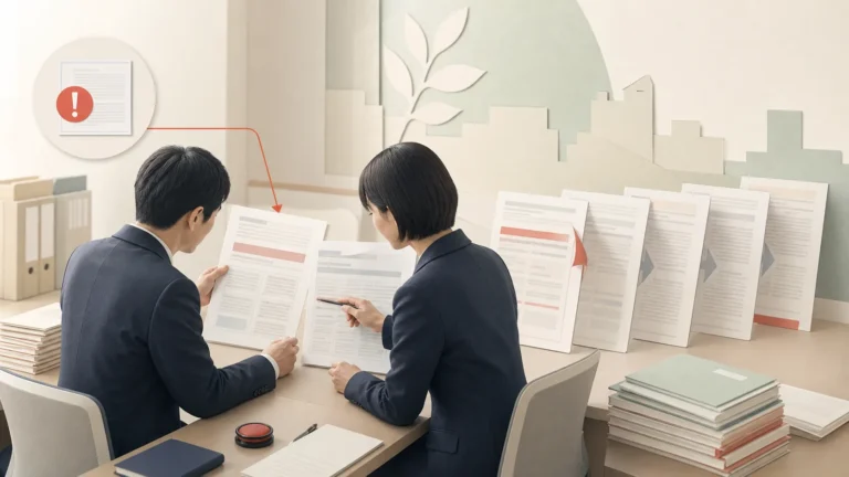 Japanese pharmaceutical safety professionals reviewing package insert revision documents.