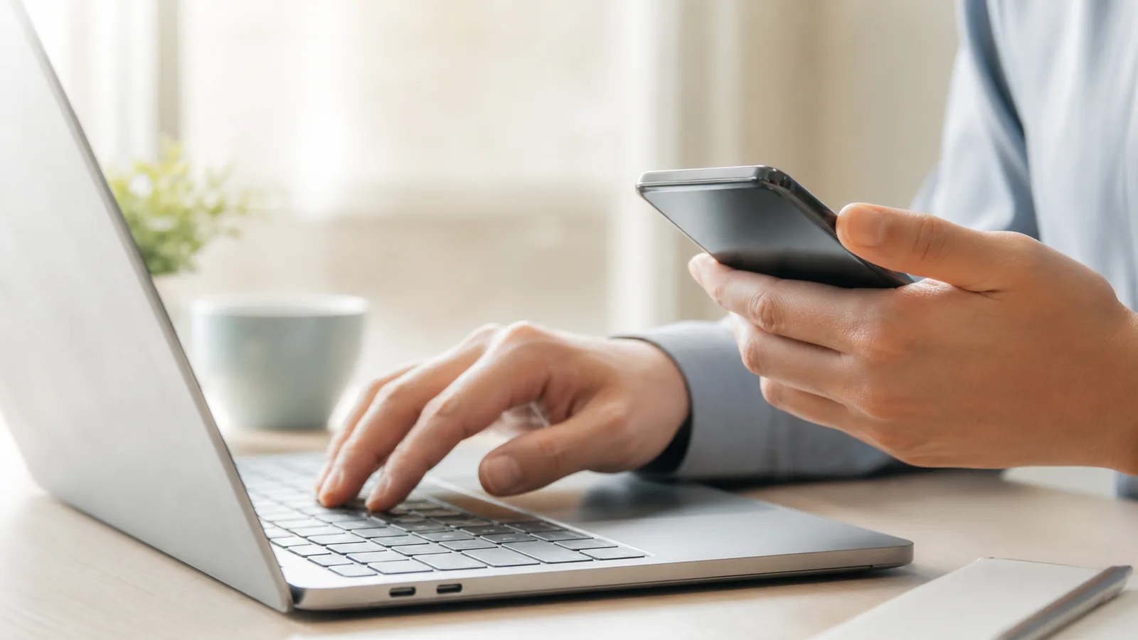 Hands using a laptop keyboard and smartphone for business inquiry